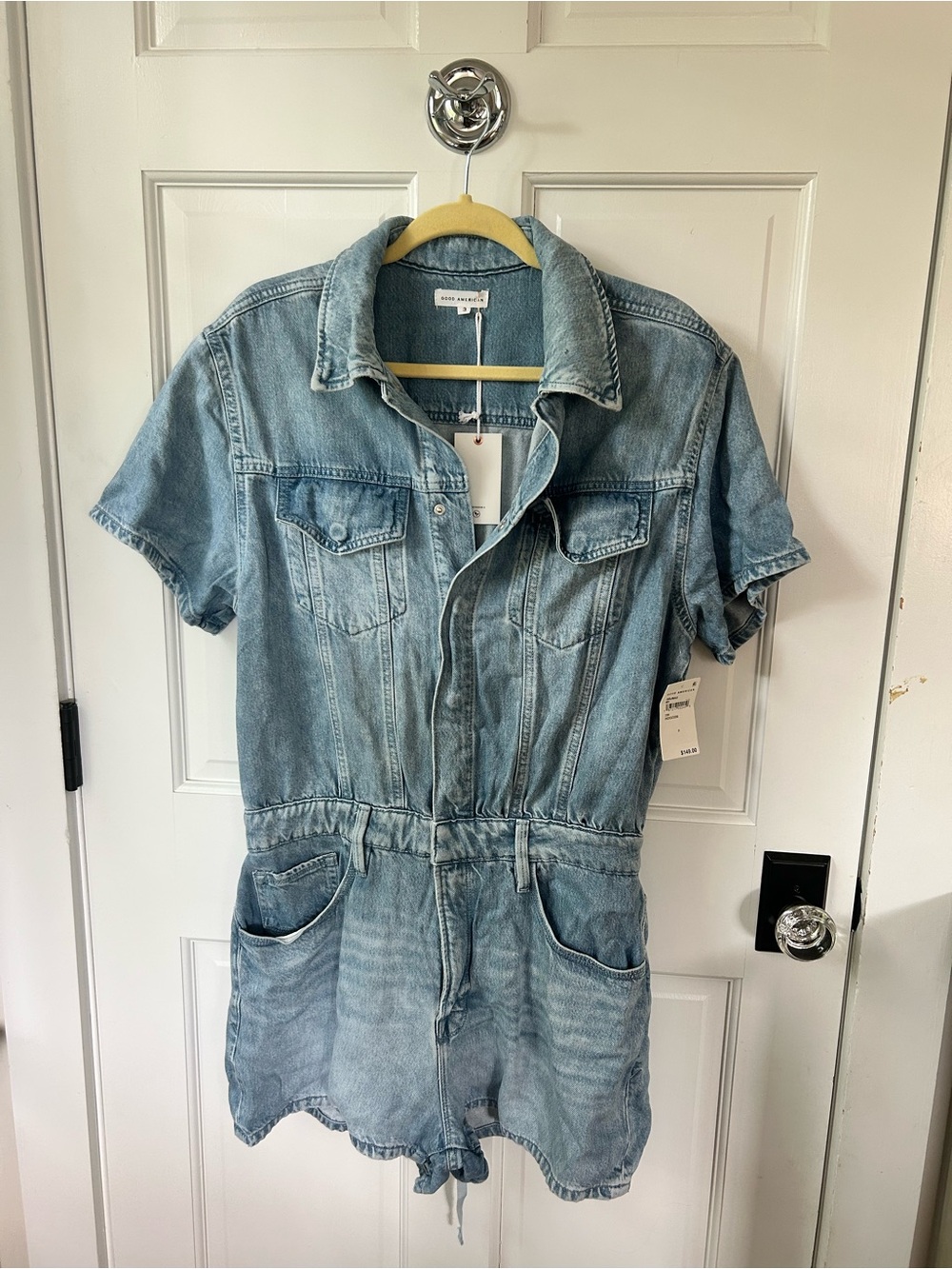 Good American Light Wash Denim Short Sleeve Romper
